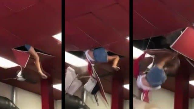 "Up to the right" Woman Falls Through Restaurant Ceiling