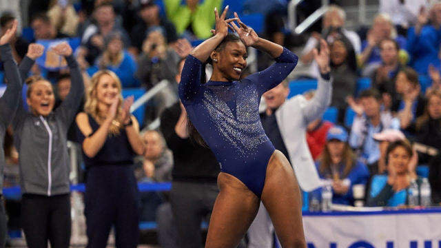UCLA gymnast Nia Dennis' incredible floor exercise shows off her power and energy