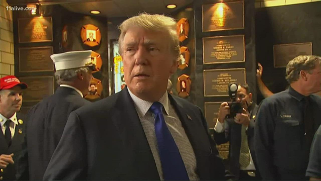 Donald Trump speaks to New York firefighters on 9/11